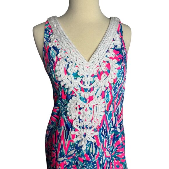 Lilly Pulitzer Sleeveless Embroidered V-Neck Shift Dress Size 0 Cotton Pink/Blue - Picture 3 of 10